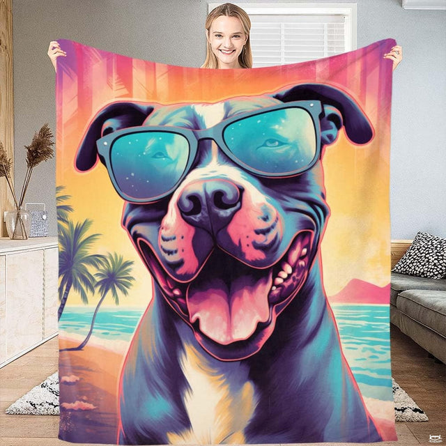 Retro sunset sunglasses pitbull throw blanket featuring smiling dog in sunglasses against neon beach