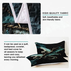 Turquoise dragon artwork detail with pale reverse side shown