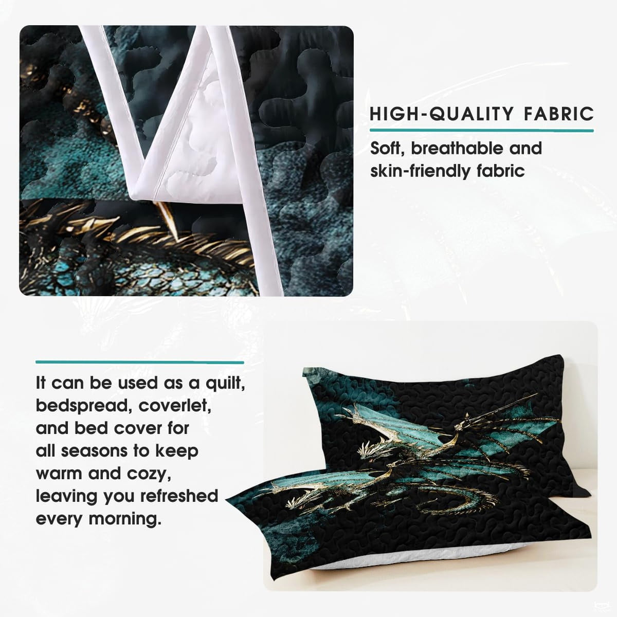 Turquoise dragon artwork detail with pale reverse side shown