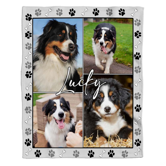 Shepherd dog photo collage throw blanket draped over sofa in sunny living room