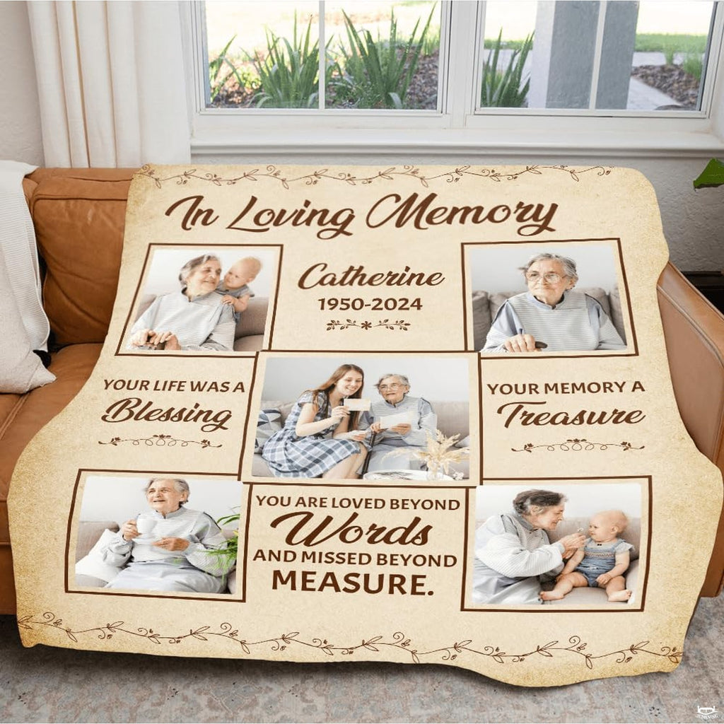 Bedroom setting displaying remembrance photo throw blanket spread across a bed beside a puppy.