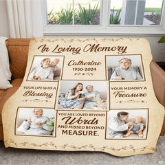 Bedroom setting displaying remembrance photo throw blanket spread across a bed beside a puppy.