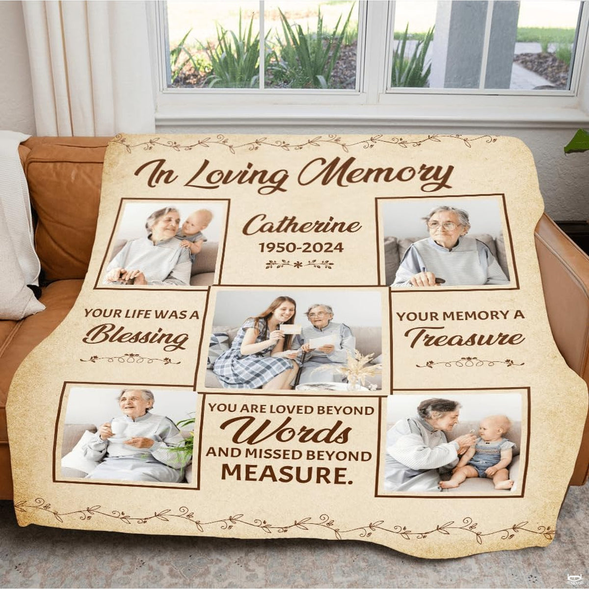 Bedroom setting displaying remembrance photo throw blanket spread across a bed beside a puppy.
