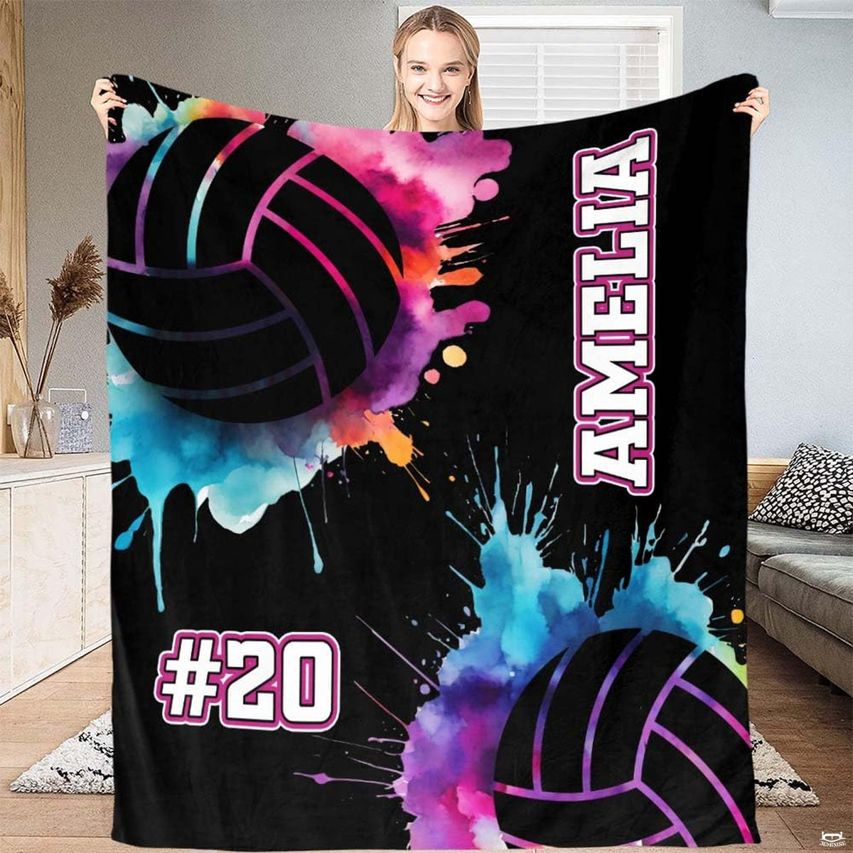 Watercolor splatter volleyball throw blanket view 2 showing neon athletic graphics and paint drips