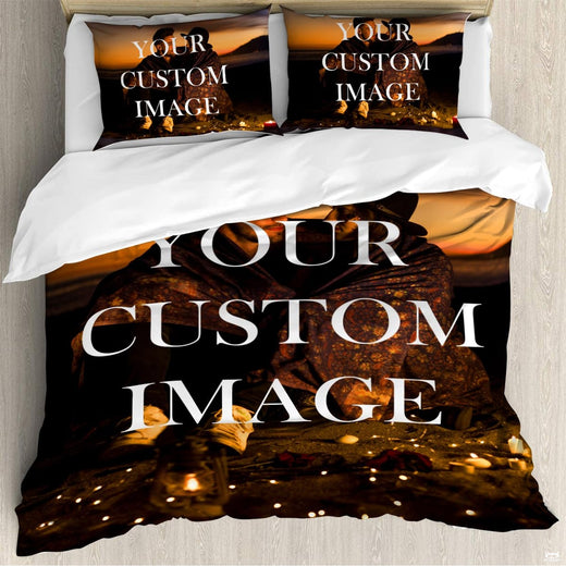 Love photo pillow and sunset beach bedding set mockup featuring golden evening horizon artwork.