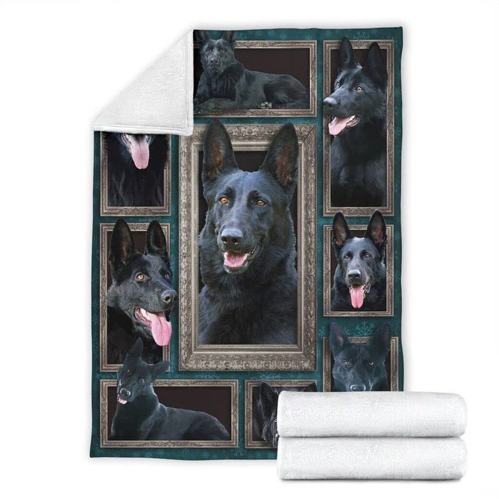 Bedroom interior displaying German Shepherd gallery art set with bedside decor
