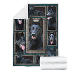 Bedroom interior displaying German Shepherd gallery art set with bedside decor