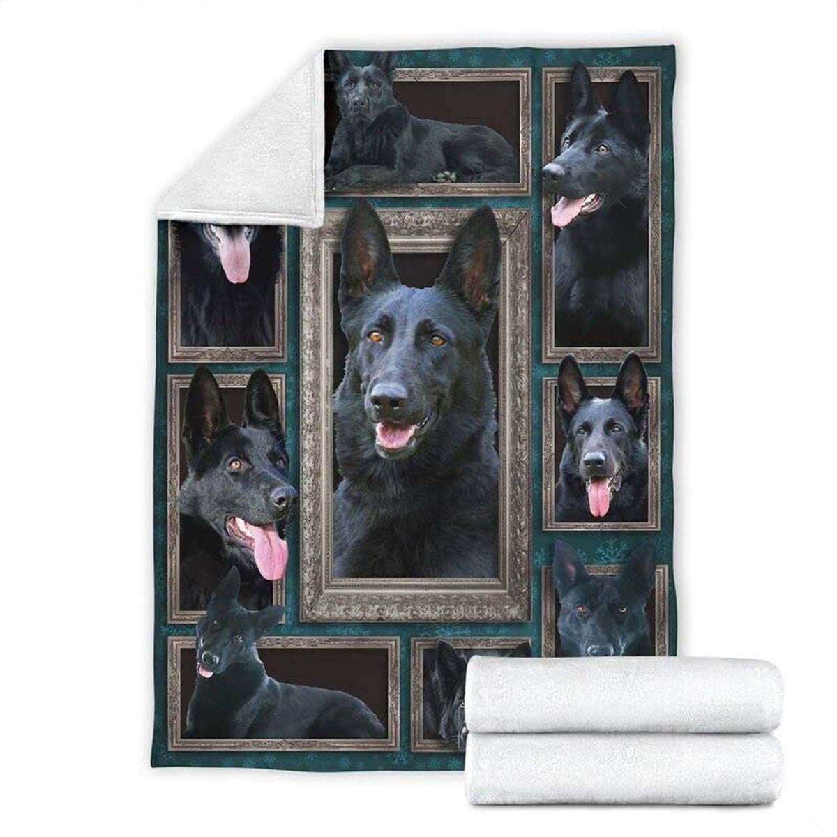 Bedroom interior displaying German Shepherd gallery art set with bedside decor
