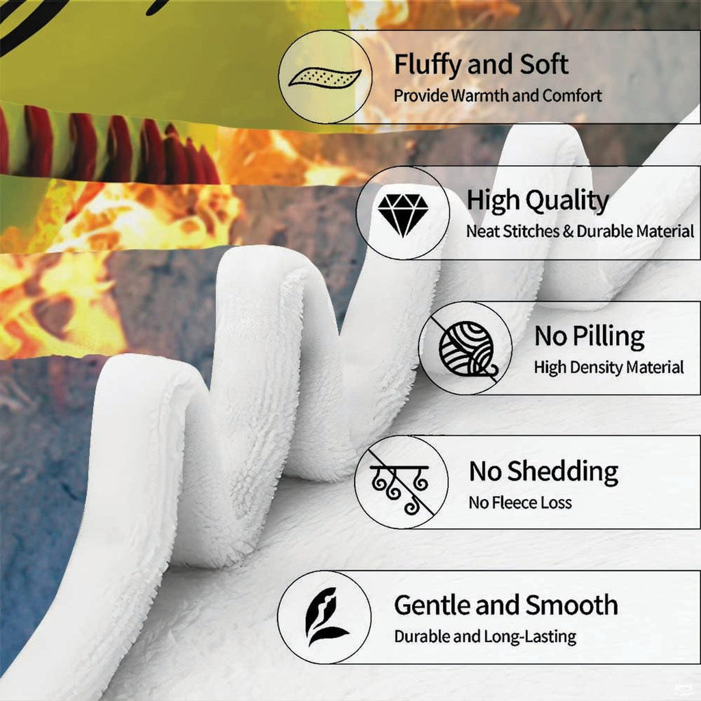 Infographic detailing durable construction and vivid print finish of flaming softball blanket