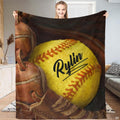Woman displaying vintage fastpitch optic ball in glove blanket indoors