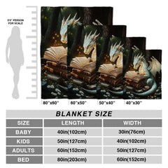 Folded reading dragon throw blanket revealing turquoise dragon artwork and antique books