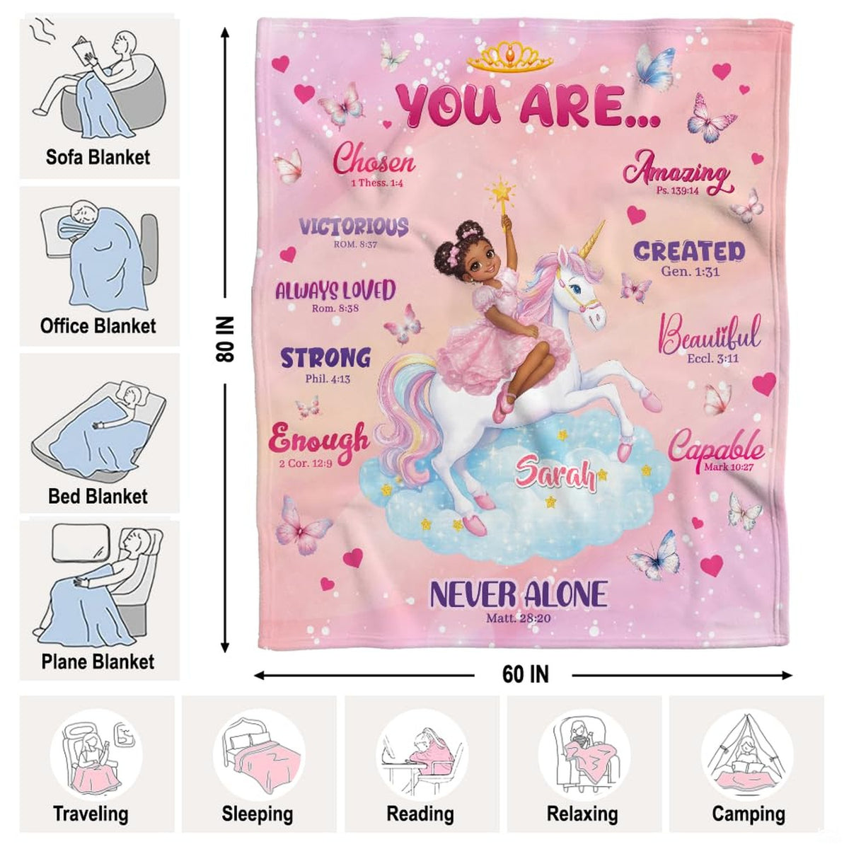 Princess unicorn throw blanket view 7 highlighting unicorn, affirmation quotes, and pink background
