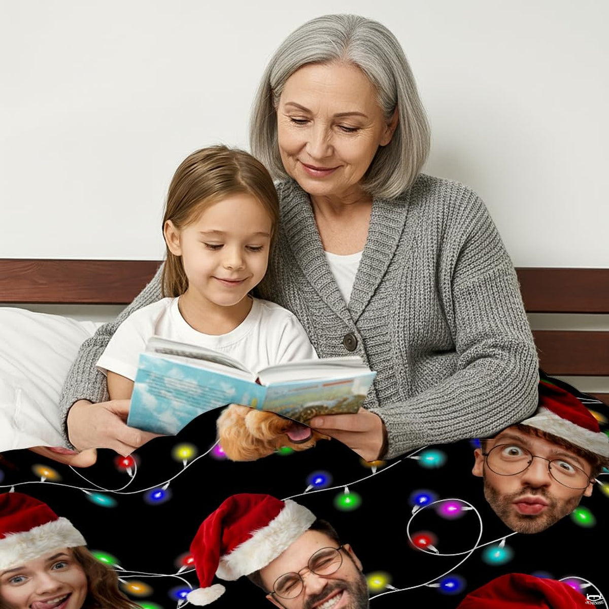 Close view of smiling family portraits wearing red Santa Claus hats with holiday bulbs