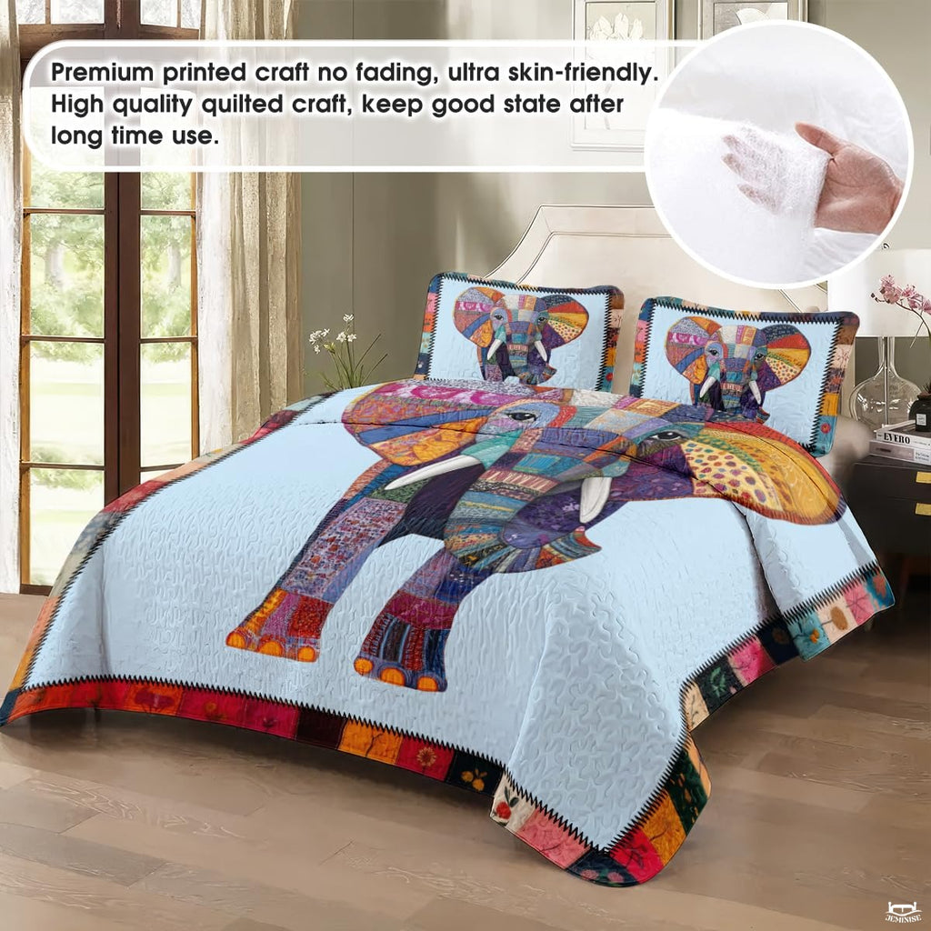 Elephant Patchwork Pattern Quilt Set, Animal Farmhouse Quilt Set Patchwork Style, Premium Quilt Pattern Bedspread, Elephant Bedding Quilt for Birthday Gift