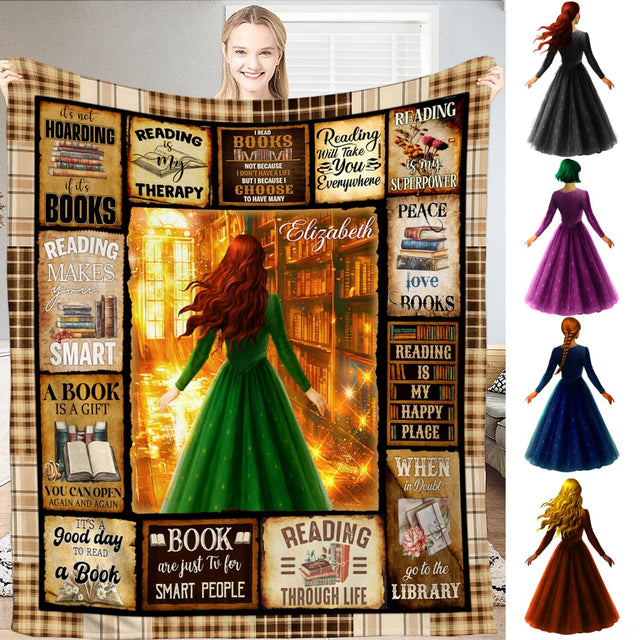 Fantasy thematic accent bedding set featuring towering wooden shelves and bookish bedroom decor artwork.