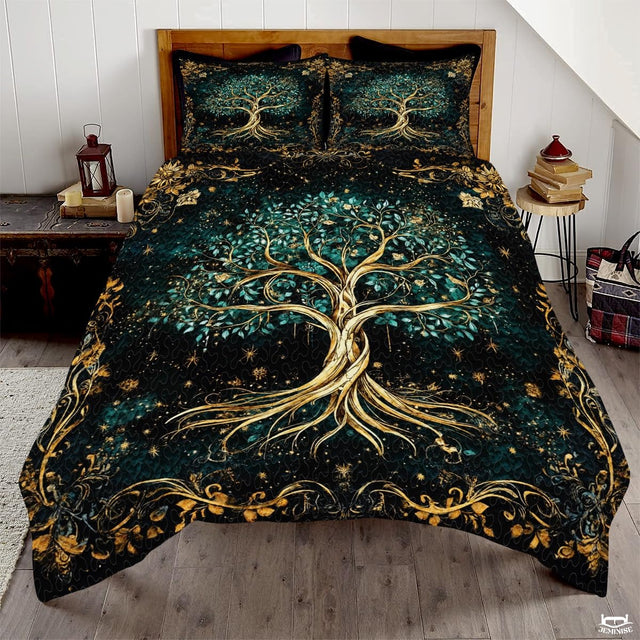 Fantasy Nature Tree of Life Quilt Set with Entwined Golden Roots And Bedroom Setting