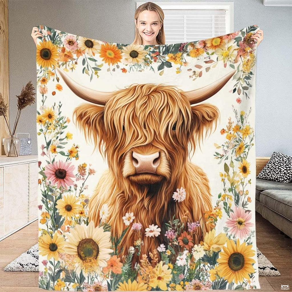 Highland cow sunflowers wildflower meadow throw blanket displaying shaggy cattle portrait and golden floral border