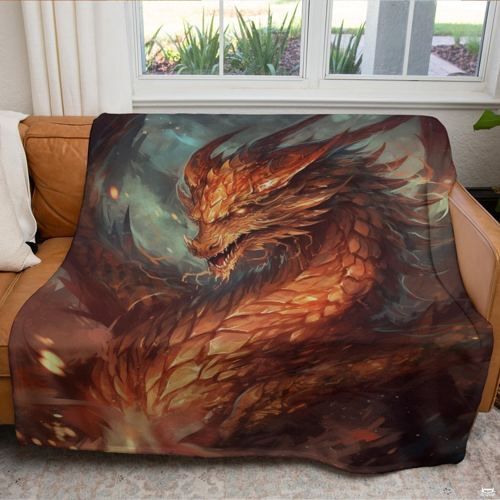 Fire dragon fantasy throw blanket draped neatly across a living room couch.
