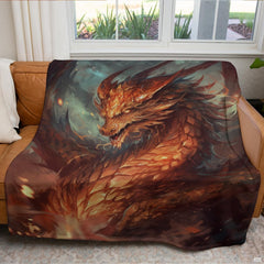 Fire dragon fantasy throw blanket draped neatly across a living room couch.