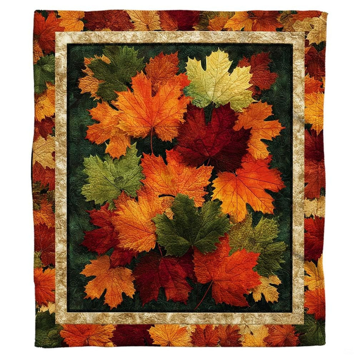 Autumn maple leaves quilted border throw blanket held open by woman