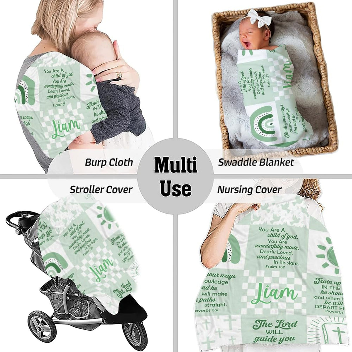 Bedding display highlighting sunburst, botanical leaves, and stylized rainbow graphic elements in sage green.