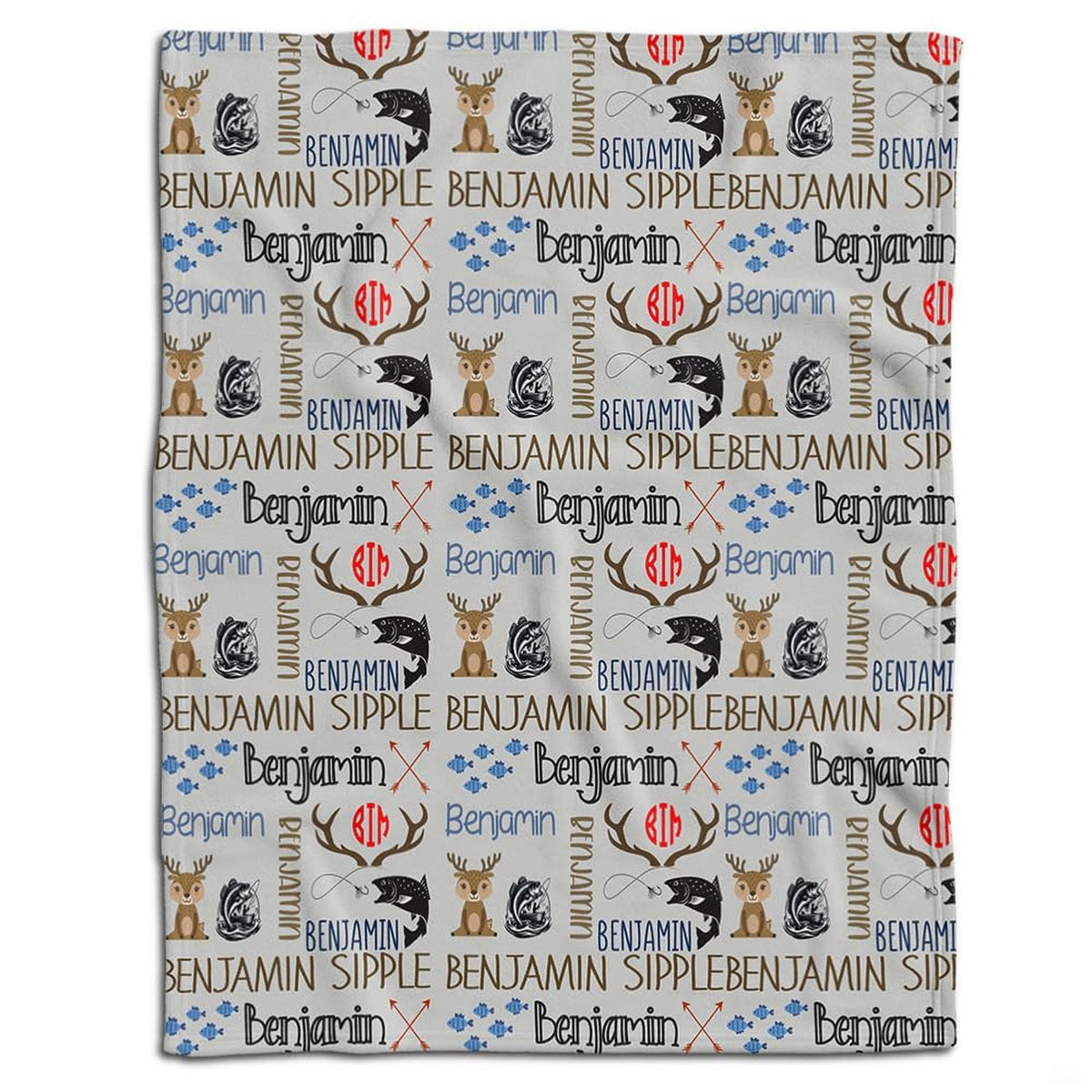 Outdoor themed bedding set featuring cute baby deer fawns and jumping fish across a rustic woodland pattern.