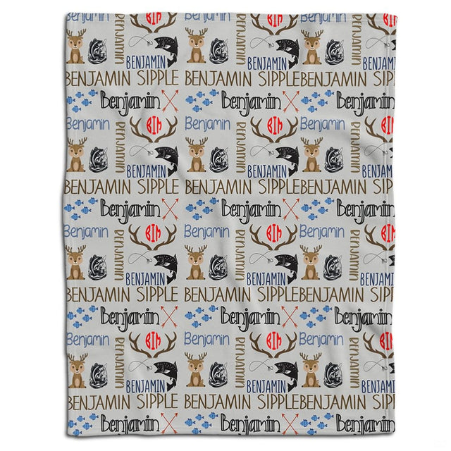 Outdoor themed bedding set featuring cute baby deer fawns and jumping fish across a rustic woodland pattern.