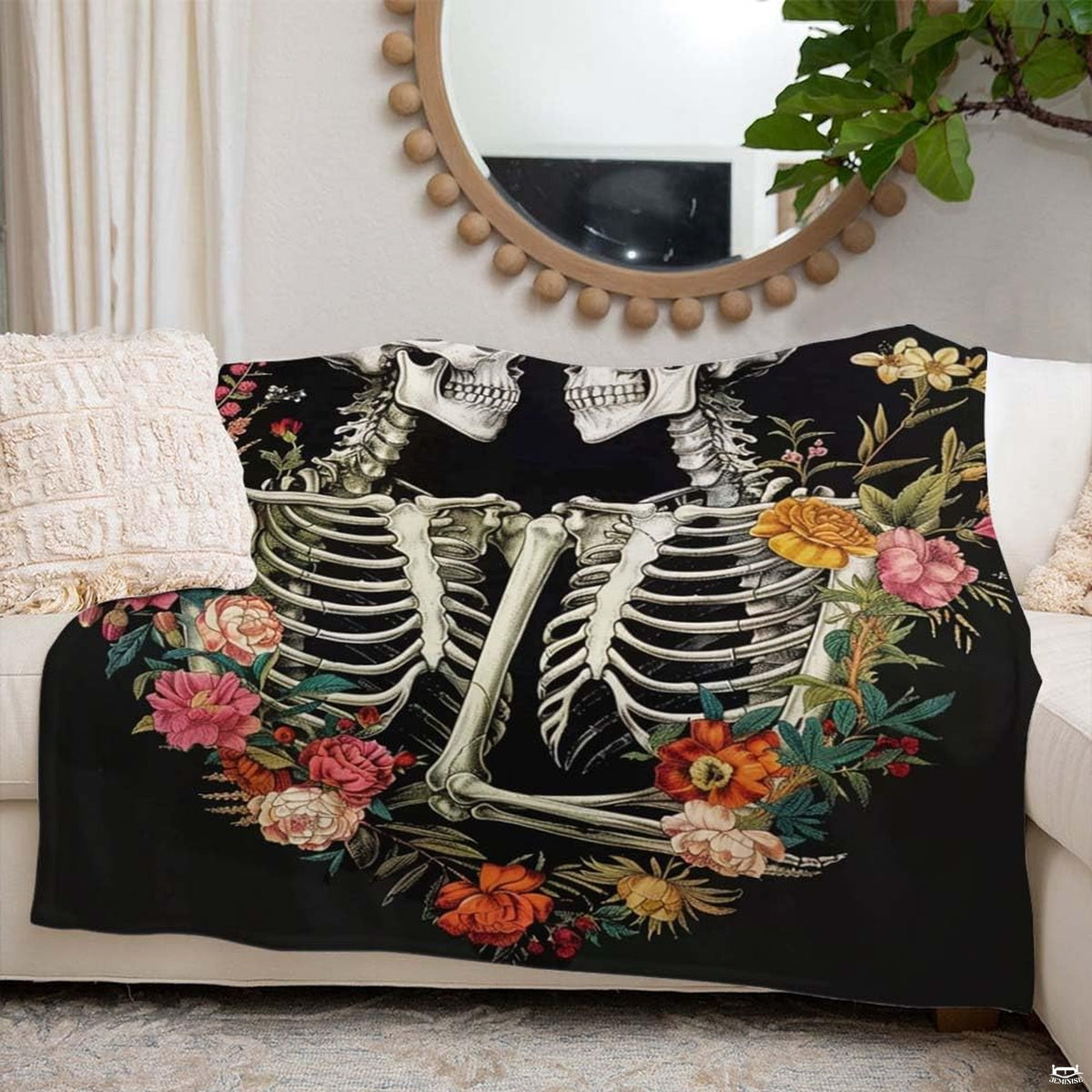 Gothic floral skeleton throw blanket view 4 highlighting skeleton couple, vibrant peonies, and black background