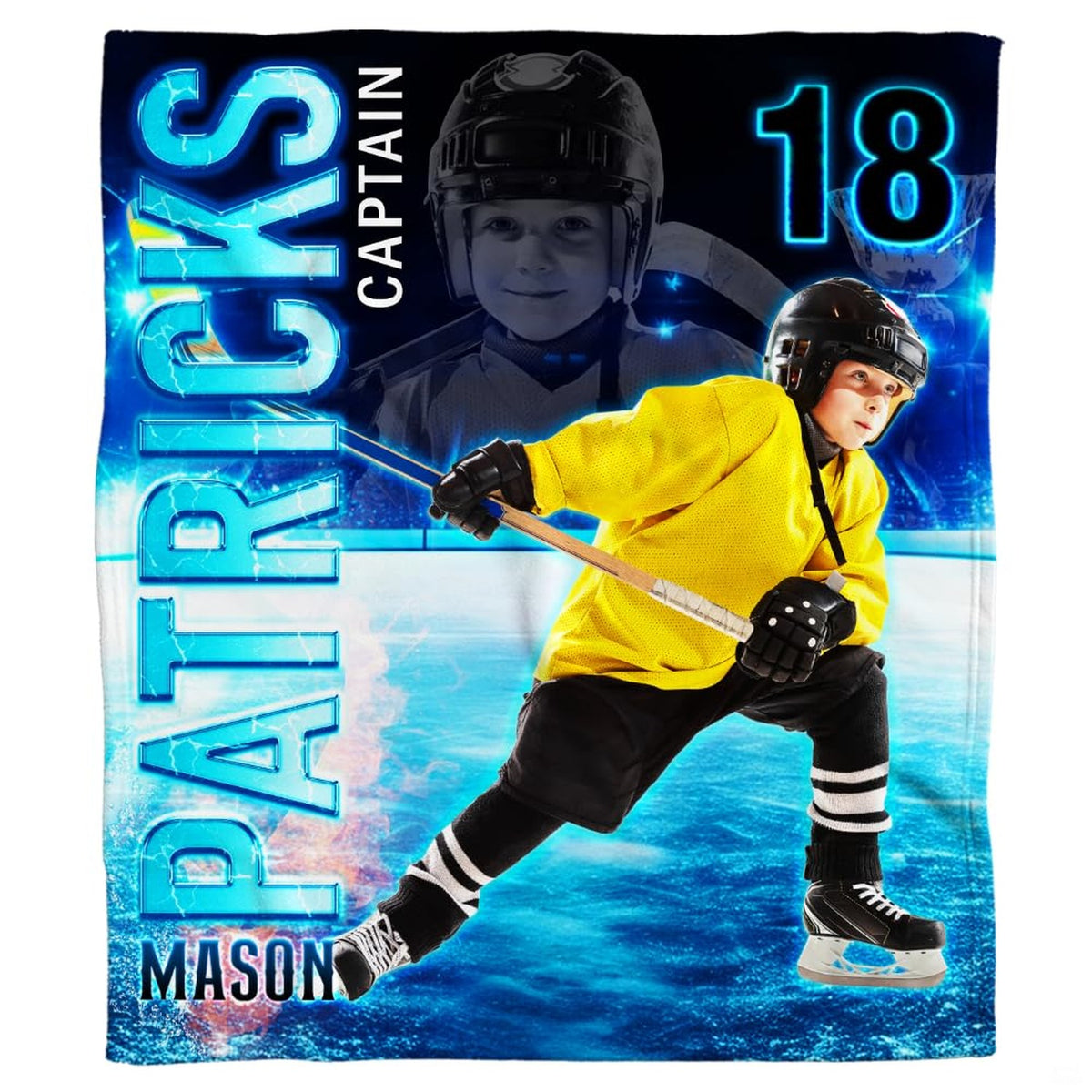 Youth ice hockey player throw blanket held open showing dramatic arena lighting and skater graphic