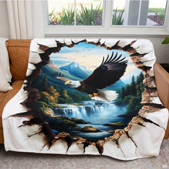 Flying bald eagle waterfall mountain throw blanket perspective 4 detailing eagle wings and landscape