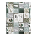 Woodland patchwork visual motif with evergreen pines, deer, bears, and rustic plaid squares in sage and taupe.