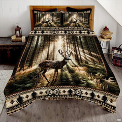 Forest animals bedding set displaying a majestic spotted stag amidst sunlit pine trees with rustic Aztec borders.