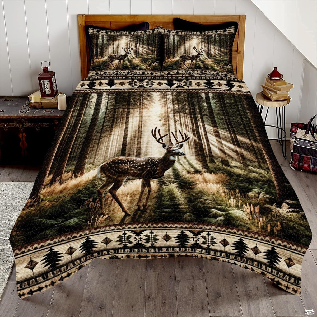 Forest animals bedding set displaying a majestic spotted stag amidst sunlit pine trees with rustic Aztec borders.