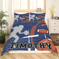 Football bedding displaying white Christian cross, running player silhouette, and flying football graphics on navy blue