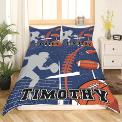 Football bedding displaying white Christian cross, running player silhouette, and flying football graphics on navy blue
