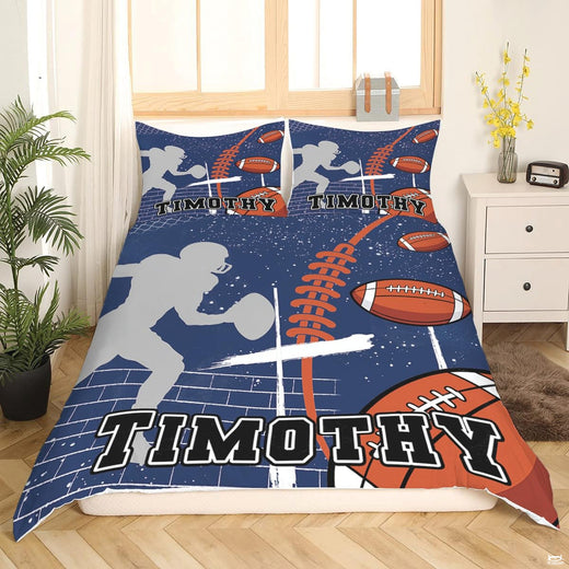 Football bedding displaying white Christian cross, running player silhouette, and flying football graphics on navy blue