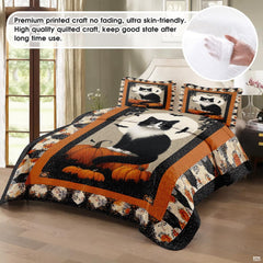 Top-down view of Halloween cat bedding set showcasing detailed black cat artwork and rustic pumpkin patchwork blocks.