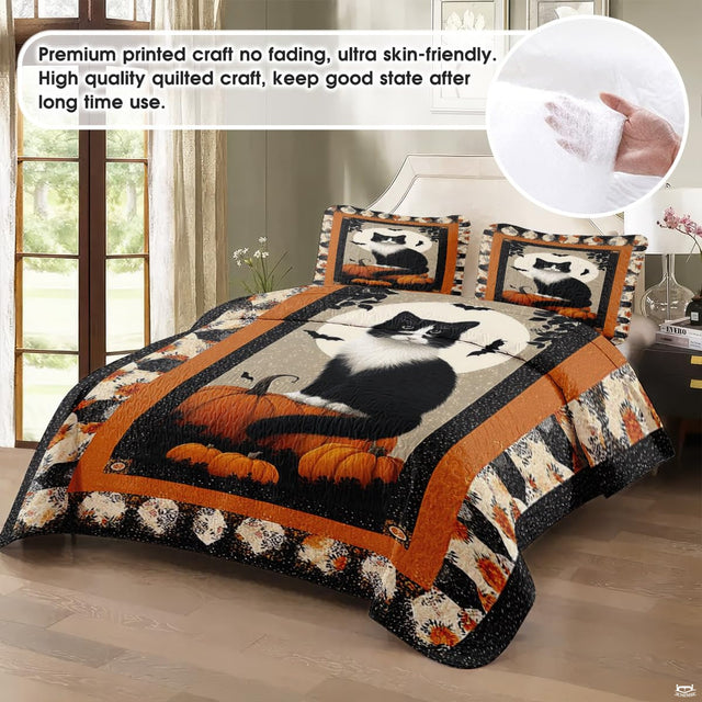 Top-down view of Halloween cat bedding set showcasing detailed black cat artwork and rustic pumpkin patchwork blocks.