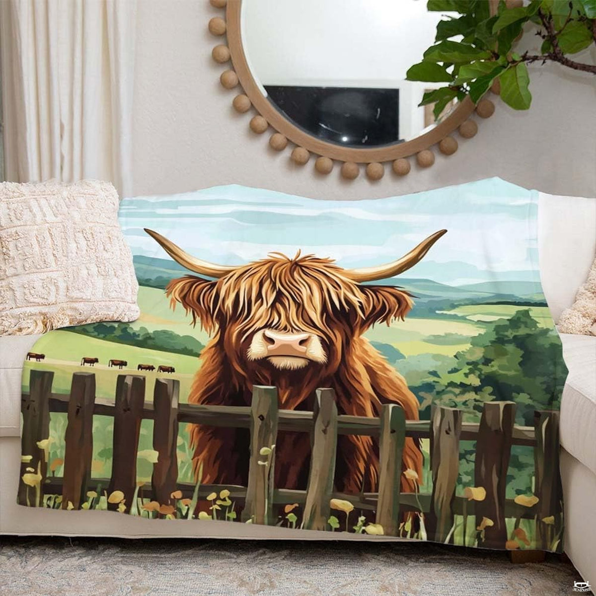 thematic accent bedroom view showcasing Highland cow bedding set paired with weathered wood accents and rustic farm...
