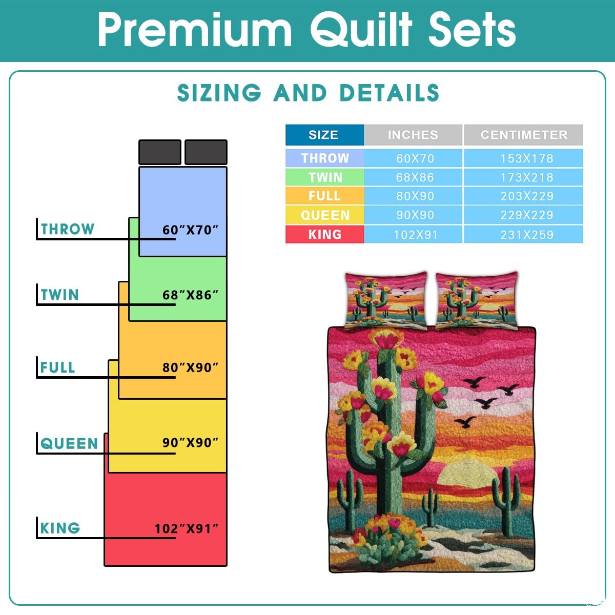Personalized Desert Sunset Cactus Floral Quilt Set, Machine Washable