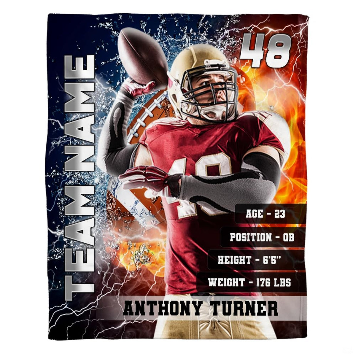 Quarterback passing throw blanket view 2 highlighting athletic passer, split fire and ice waves, and sports graphics