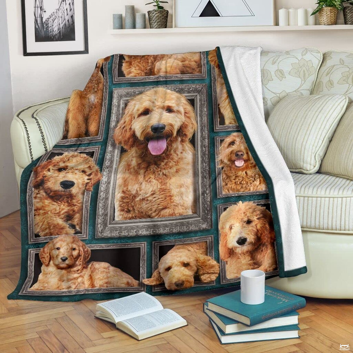 Close view of center framed smiling doodle dog portrait on blanket