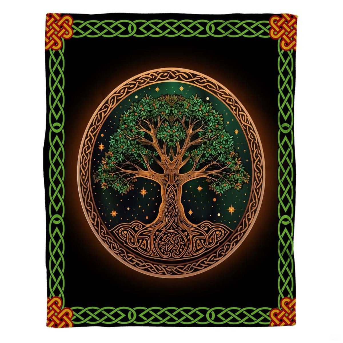 Woman holding open Celtic Tree of Life throw blanket showing green knot border and orange corners