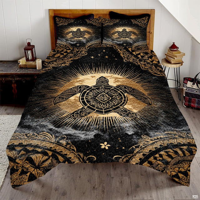 Tribal turtle meaning artwork with golden moon and celestial rays on a boho sea turtle bedding set.