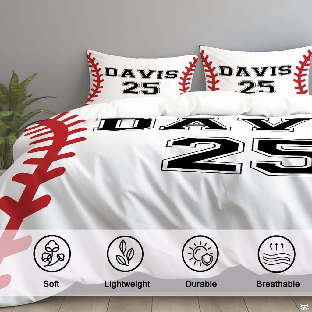 Detailed visual presentation of red baseball seam patterns and athletic sports styling on bedding.