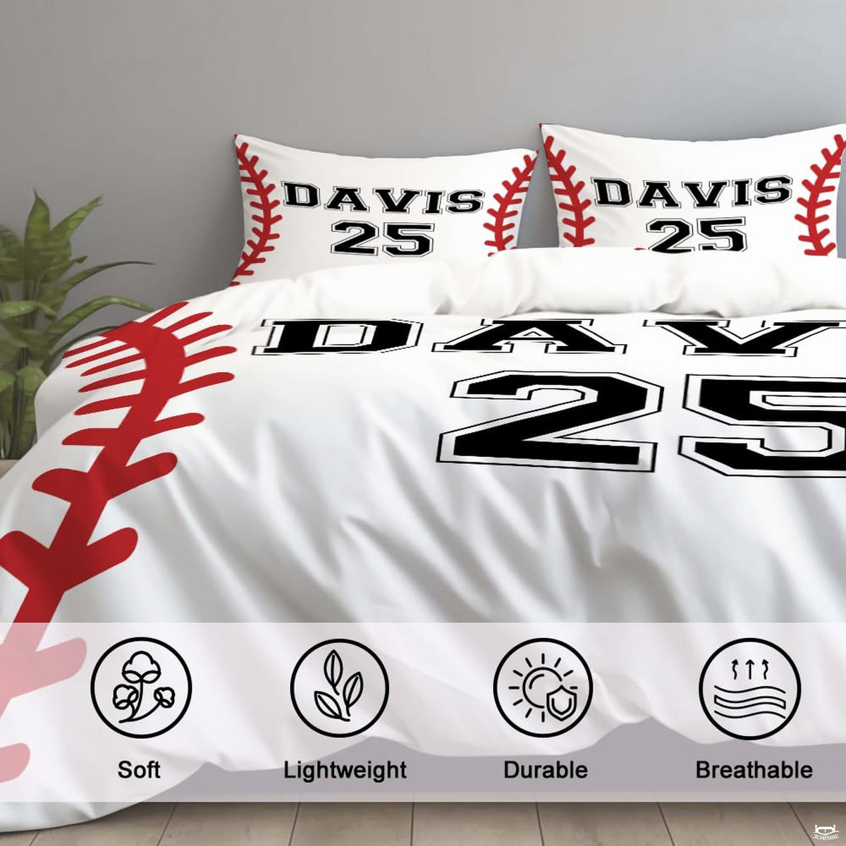 Detailed visual presentation of red baseball seam patterns and athletic sports styling on bedding.