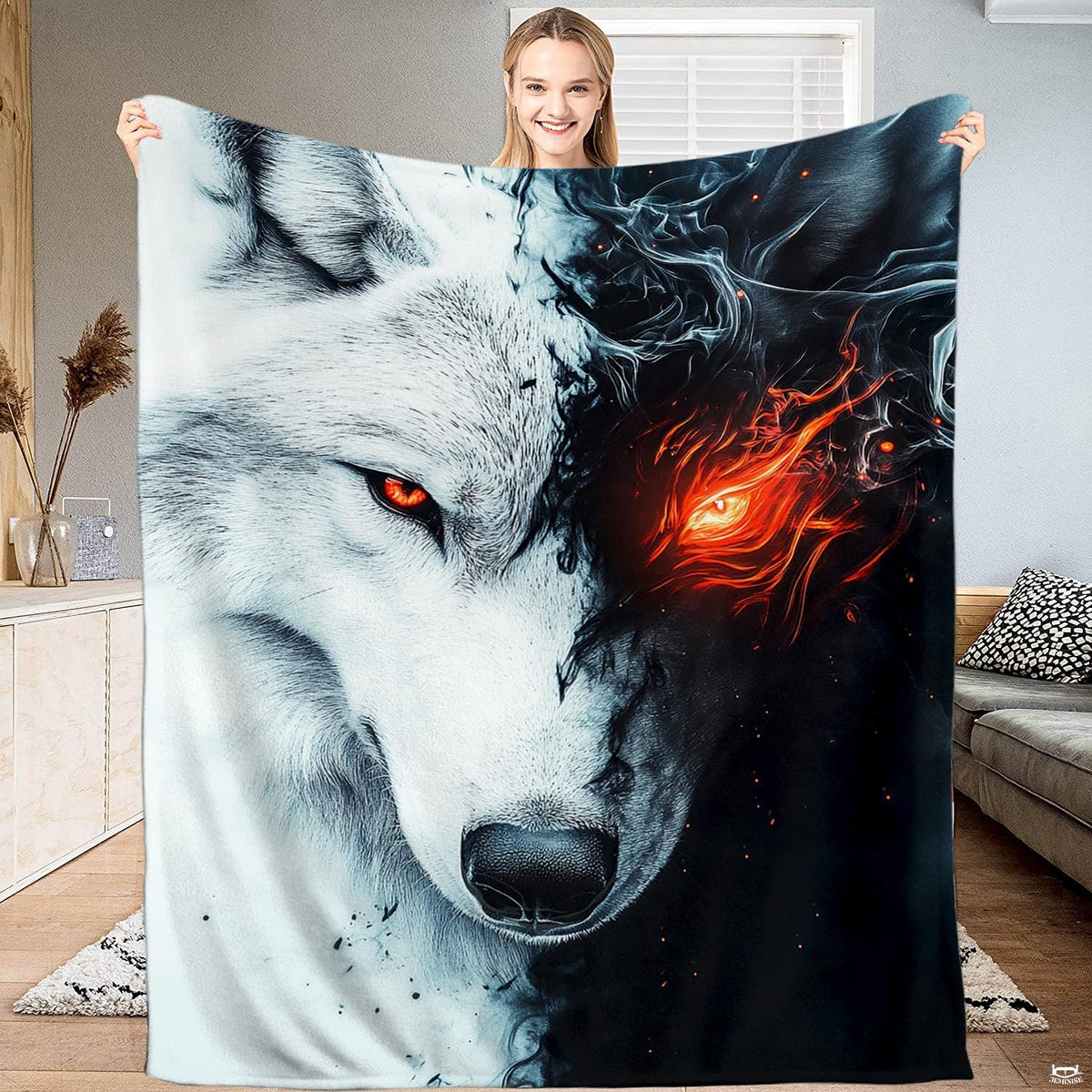 Dual tone bedding set displaying thematic accent-contrast white and shadow wolf face with glowing amber eyes.