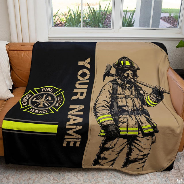 Detailed view of firefighter responder illustration and emergency badge artwork on Blanket.