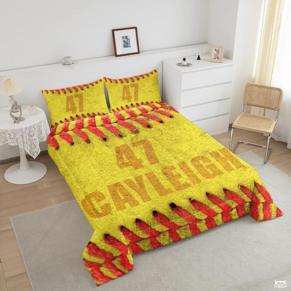 Softball Sports Theme Bedding Set – Bright Teal Yellow Comforter for Girls, Teens & Women, Cozy Decorative Softball Lover Bed Set Available in Twin, Queen and King Sizes