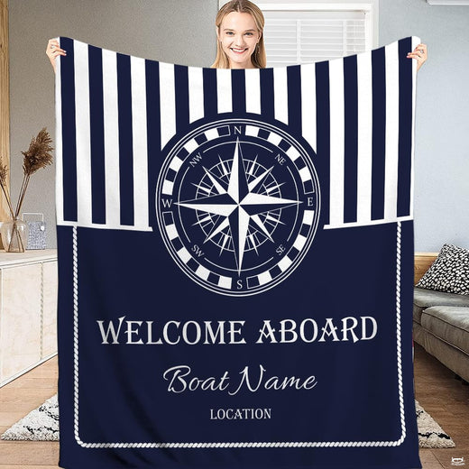 Nautical compass rose star emblem with navy and white stripes, view 1.